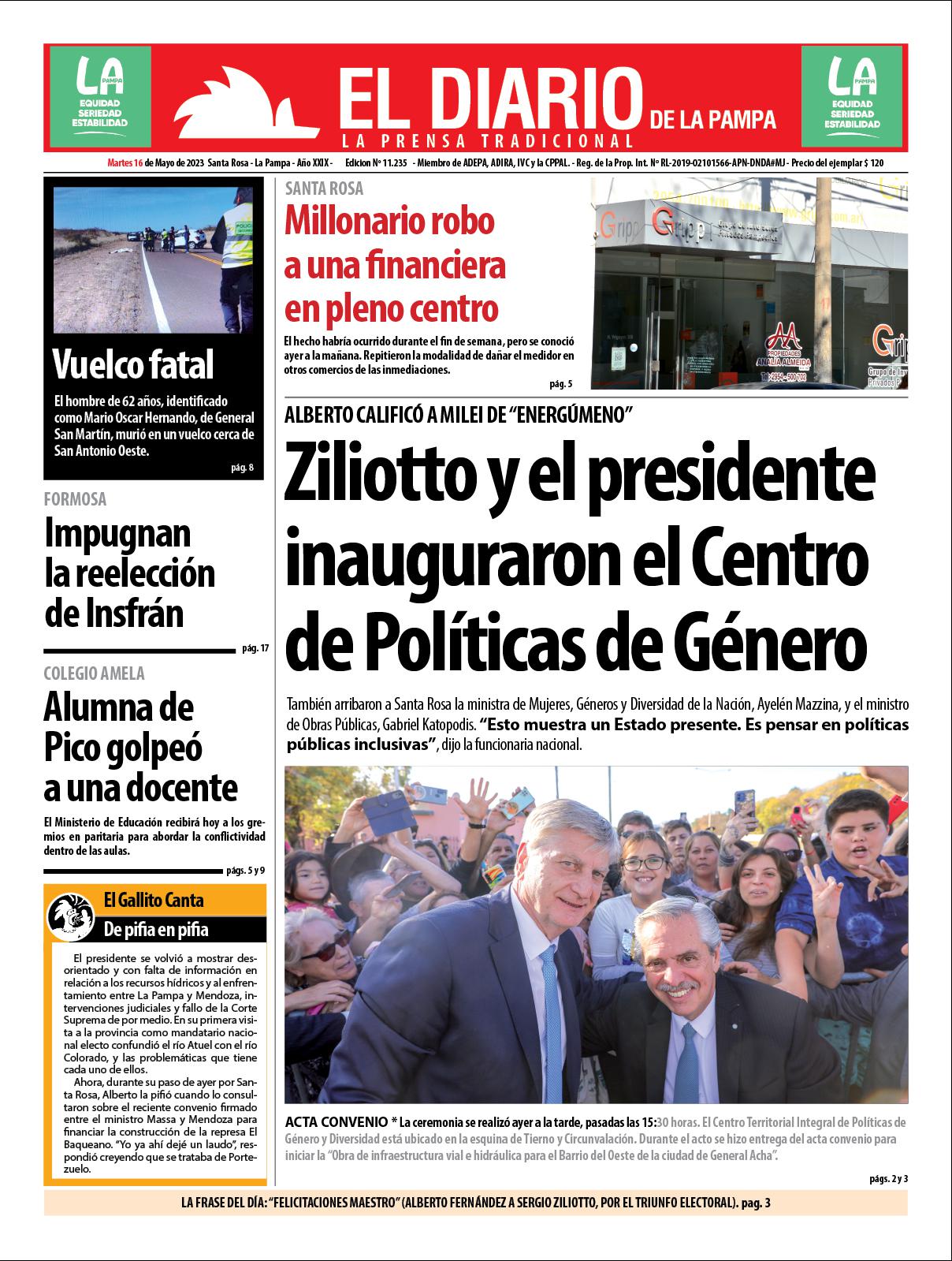 Tapa de El Diario en papel  martes 16 de mayo de 2023